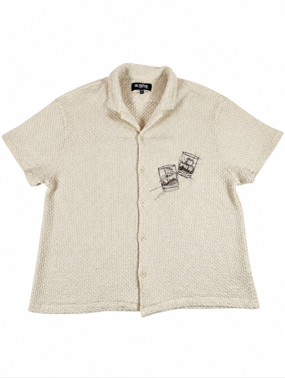 San Francisco Work Shirts XL Cream Crochet Camp Shirt Whiskey Embroidered